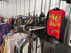 Large Lot:  ALL clothes/ALL shoes, (2) rolling clothes racks and table