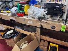 Long wood work table: Cables/wire/reels/contents above & below