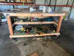 Wooden rolling work table WITH contents