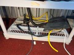 Samsung 63" TV (Works), Plastic shelf with all contents: Samsonite luggage, drone, keyboard