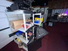 (3) Shelves with contents: Electronic equipment, photography equipment, camera, mic, light stands/reels