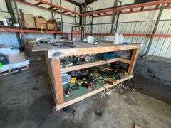 Wooden rolling work table WITH contents