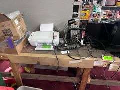 Wood work table: Printer, (2) monitors/Wire/metal plates