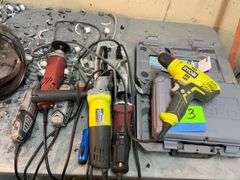 Lot of (5) Dremel tools - (2) Cases, Ryobi Drill with table and contents and chair