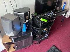 (3) tables with electronic Equipment: (2) TV, receiver, (4) speakers