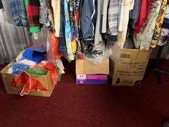 Large Lot:  ALL clothes/ALL shoes, (2) rolling clothes racks and table