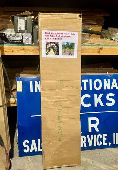 New Unused Black Metal Garden Arch with Stakes - 4.6ft x 7.5ft x 1.3ft image