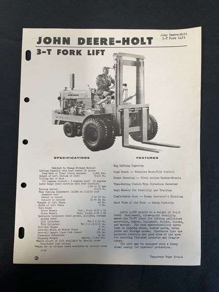 1959 John Deere-Holt 3-T Fork Lift Spec Sheet image