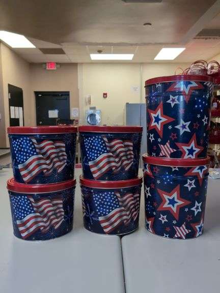 (6) NEW - Independent Can Co. Red, White & Blue Tins - 10" x 8" and 10" x 11.5" image