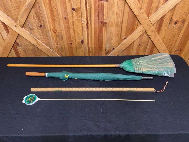 (4) John Deere Yardstick, Umbrella, Reflector, Broom image