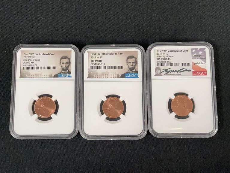 3 Coin Set Of First "W" Unc Cent 2019-W 1 Cent Graded MS 69 RD image