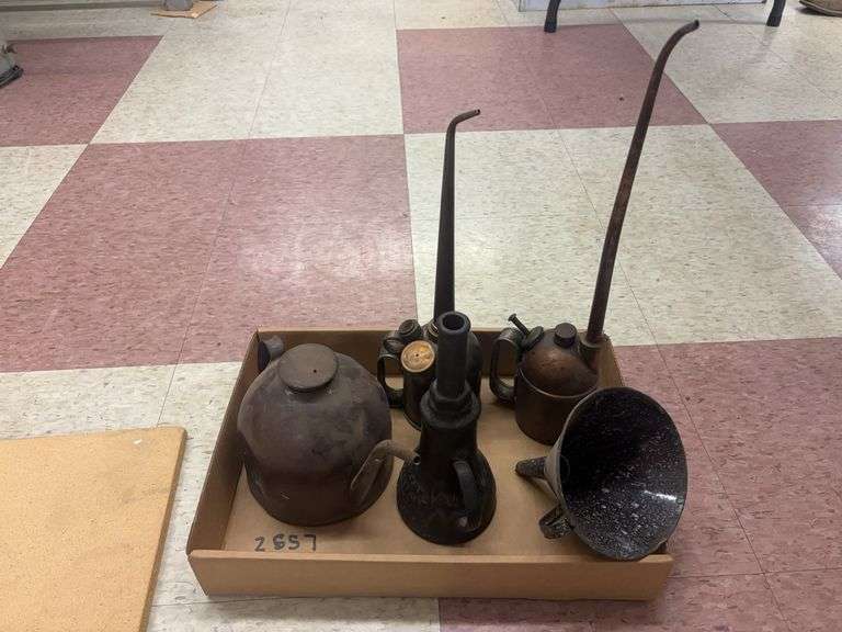 (3) Oil Cans, (1) Oil Lamp, and (1) Funnel image