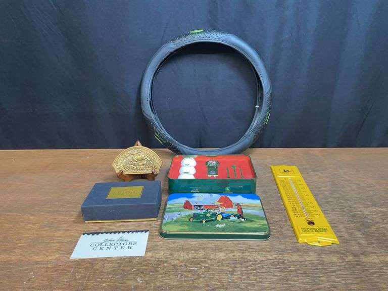(4) John Deere Belt Buckle, Thermometer, Golf Set, Steering Wheel Cover image