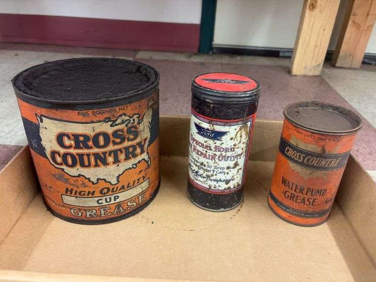 (2) Cross Country Grease Cans and (1) Ford Tire Repair Can image
