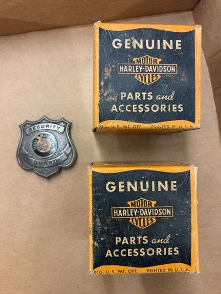Indian Security Badge, Harley Davidson NOS Piston, and parts box image
