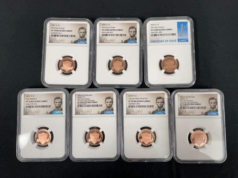7 Coin Set of First Release 1 Cent Lincoln Pennies, NGC Graded PF70 Ultra Cameo image