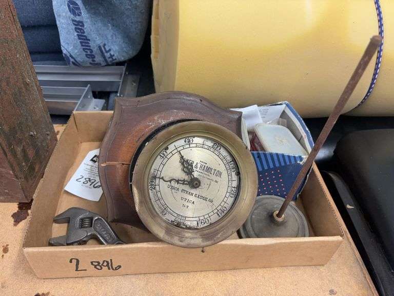Crescent Wrench, Baker Hamilton Steam Gauge, Stand, and Assorted Fittings image