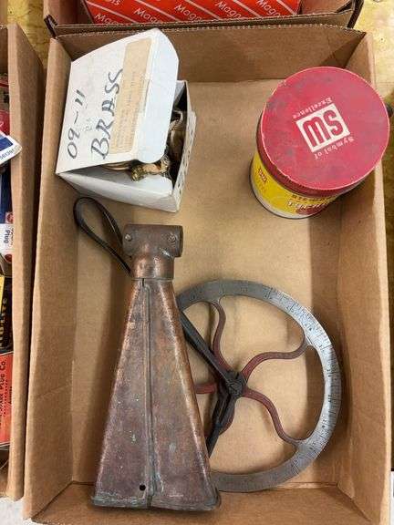 Ford Brass Timer, Distance Measurement Tool, and Brass Fire Extinguisher Nozzle, and Tachometer image
