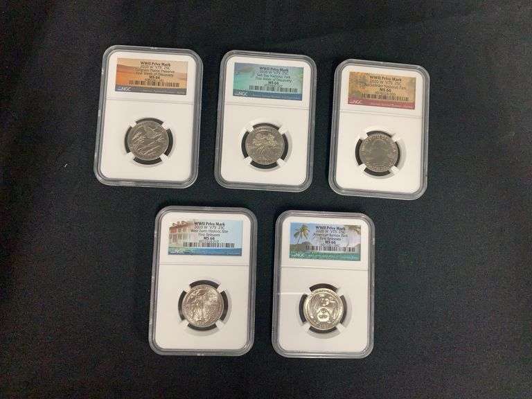 World War II Privy Mark 2020 W "V75" 25C Early issues Full Set of 5 Coins Graded At MS66 image
