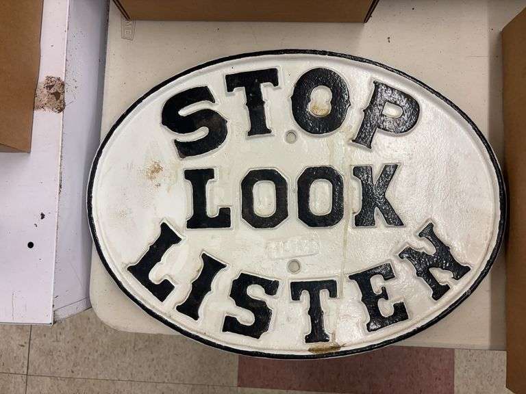 Stop Look Listen Cast Iron Sign image