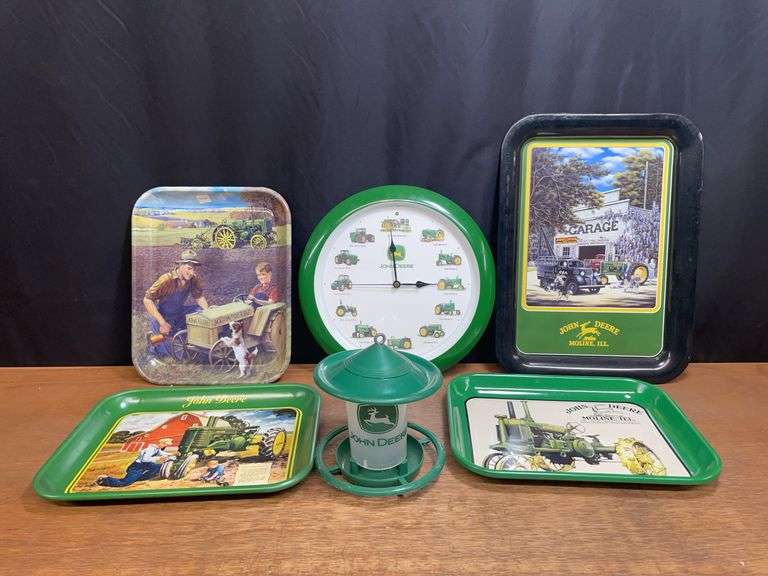 (6) John Deere Trays, Clock, Bird Feeder image