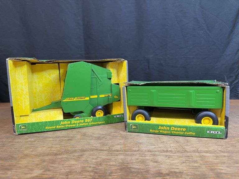 (2) 1/16 John Deere Round Baler + Wagon NIB Ertl image