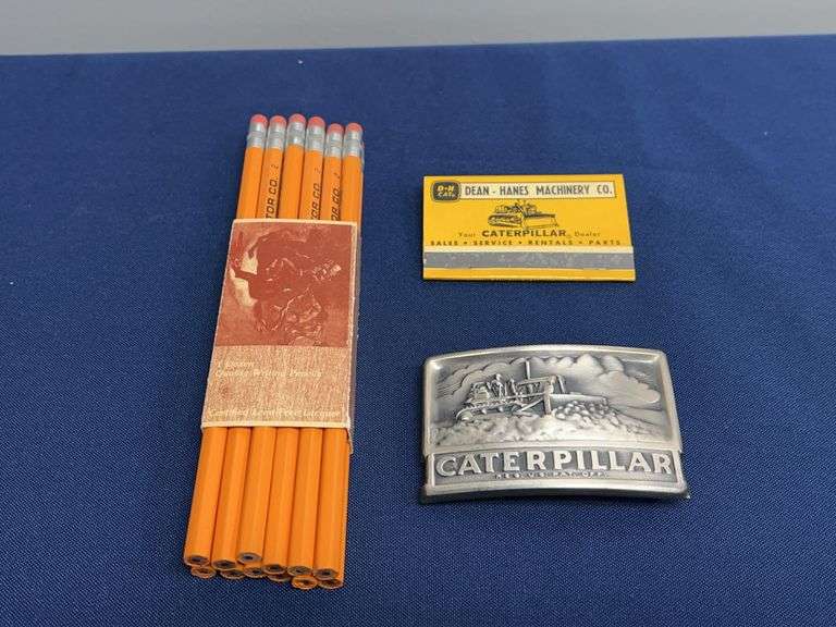 (3) Caterpillar Pencils, Matchbook, Belt Buckle image