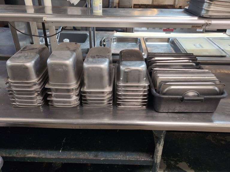 (26) Stainless Steel Stackable Pans with Lids - 13" x 6.5" - 6" and 4" deep image