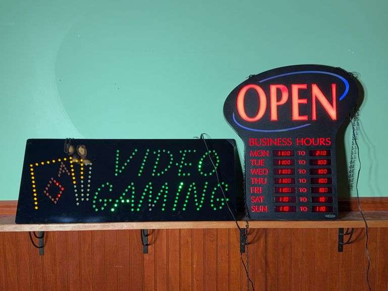 Open Sign and Video Gaming Sign (sign has LED Malfunctions). image