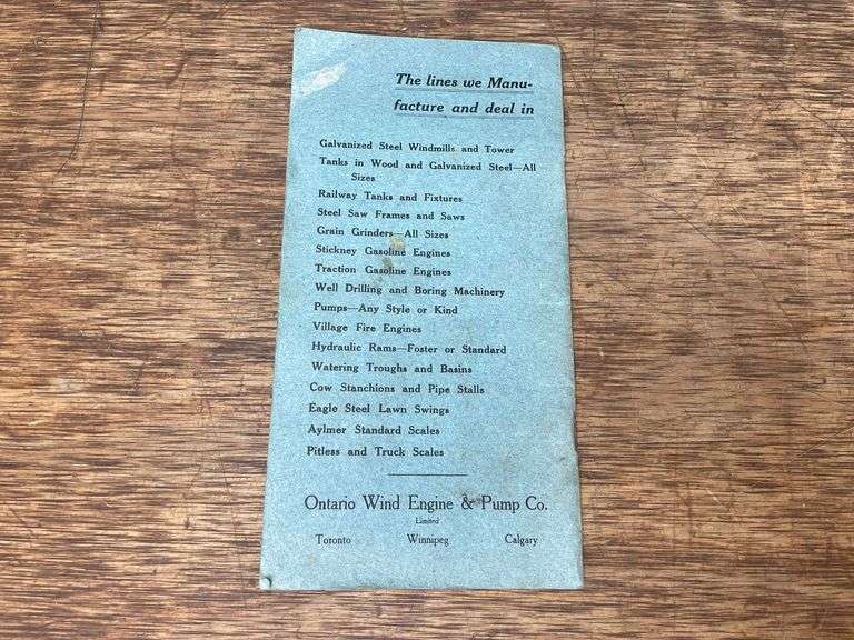 1911-12 Ontario Wind Engine & Pump Co. Price List