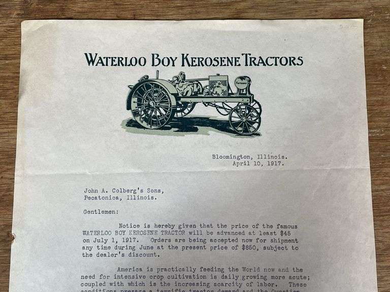1917 Waterloo Boy Kerosene Tractors Letter