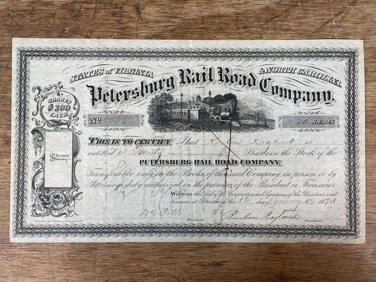 1874 Petersburg Rail Road Co. Stock Certificate