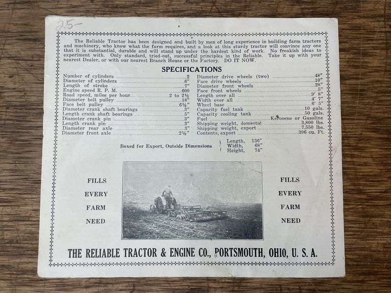 Reliable 10-20 Tractor Sales Literature