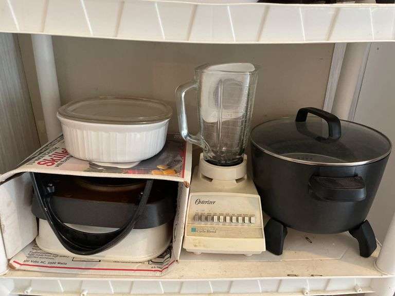 Shelf, (2) Electric Fryers, Electric Skillet, & other Small appliances