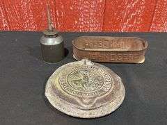 (3) John Deere Oil Can, Planter Lid, Toolbox