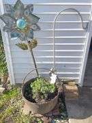 Black Cauldron Flower Pot with Shepherd's Hook and Giant Metal Flower