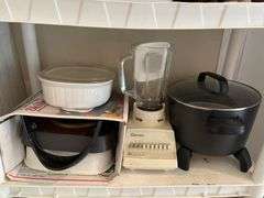Shelf, (2) Electric Fryers, Electric Skillet, & other Small appliances