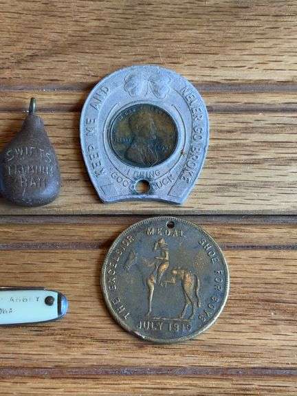 (5) Advertising Coins, Knife, Charm, Pencil Clip