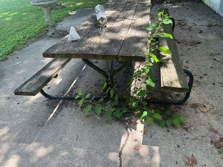 Concrete Planter, Birdbath, and Picnic Table