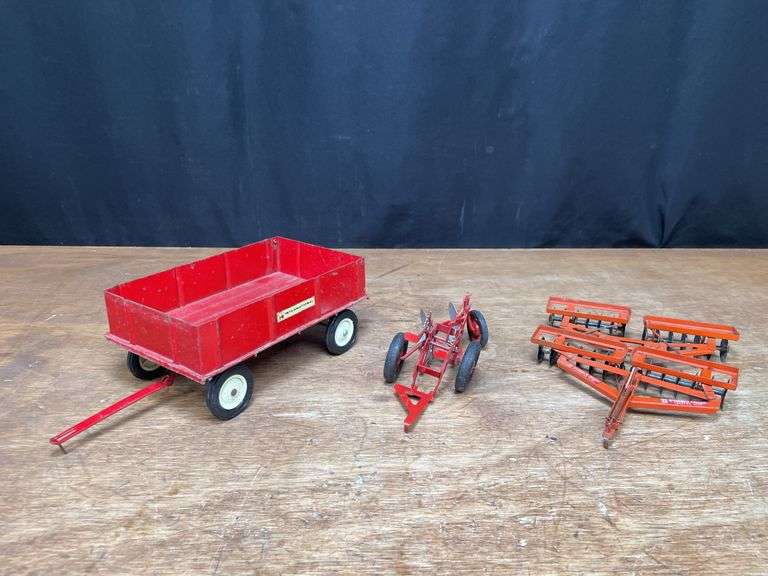 (3) 1/16 IH Wagon, Plow, Disk