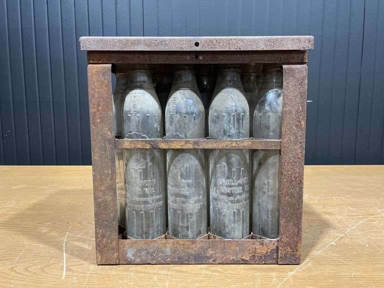 (10) Shell-Penn Embossed Glass Oil Bottles with Carrier image