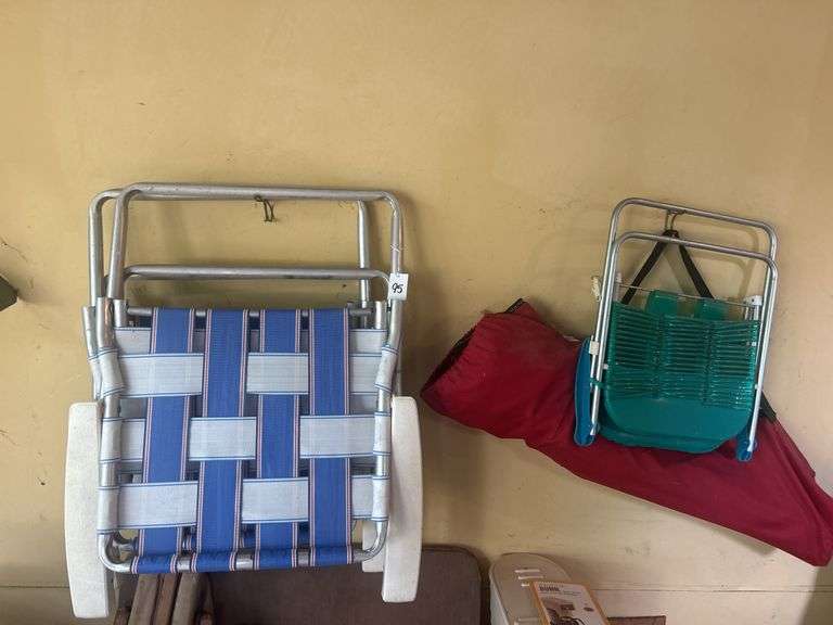 Assorted Lawnchairs, Cot, and Folding Table image