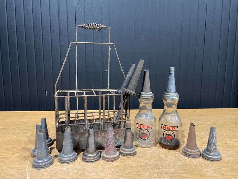 Glass Oil Bottle Carrier, Funnels and Bottles image
