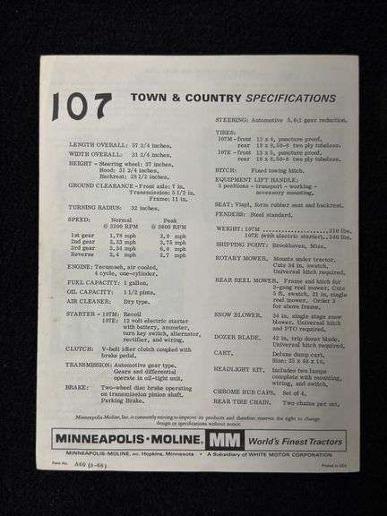 1968 Minneapolis-Moline Town and Country 7HP Tractor Sales Brochure