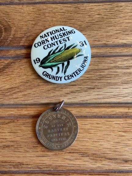 (2) 1887 Corn Palace Harvest Festival Charm + 1931 National Corn Husking Contest Button image