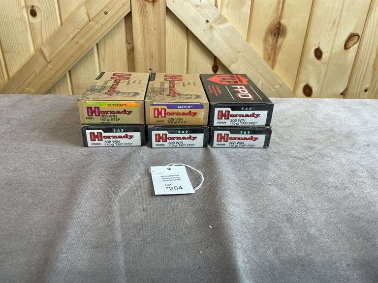 6 Boxes Hornady 110, 150, 168 Gr. TAP FPD, BTHP, BTSP .308