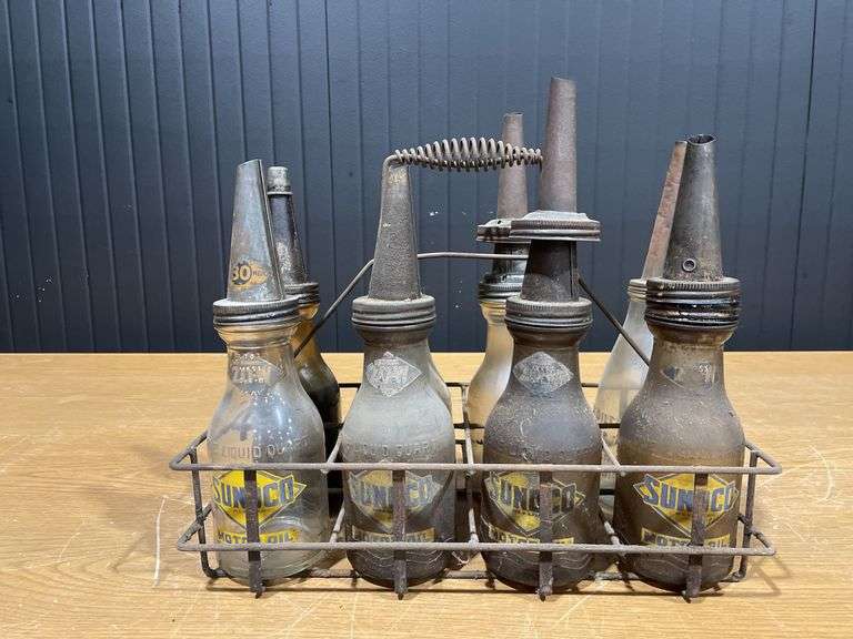 (8) Sunoco Glass Oil Bottles with Carrier image