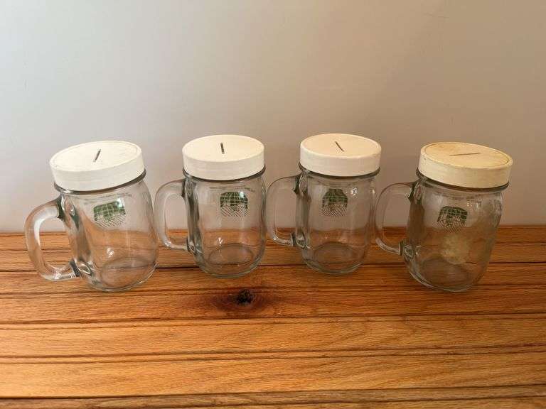(4) John Deere Community Credit Union Glass Mug Banks
