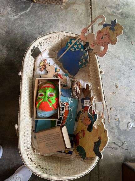 Vintage Wicker Bassinet with Toys