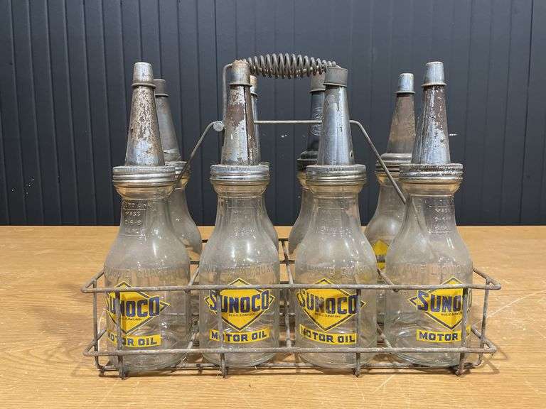 (8) Sunoco Glass Oil Bottles with Carrier image